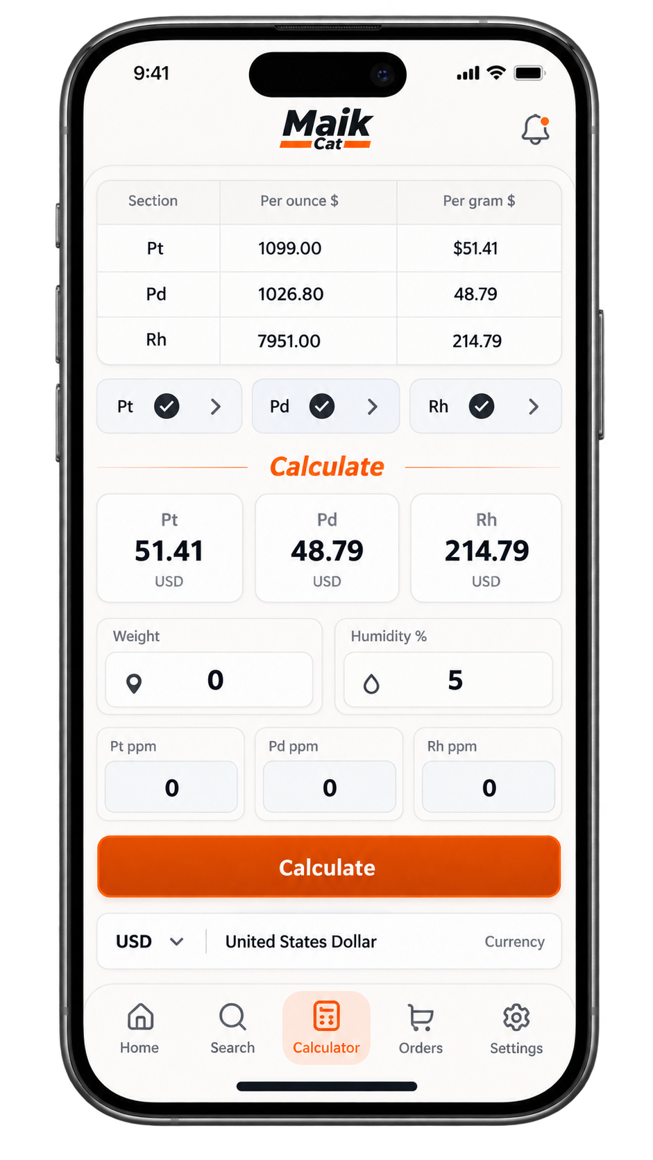 Maik Cat catalytic converter calculator screen